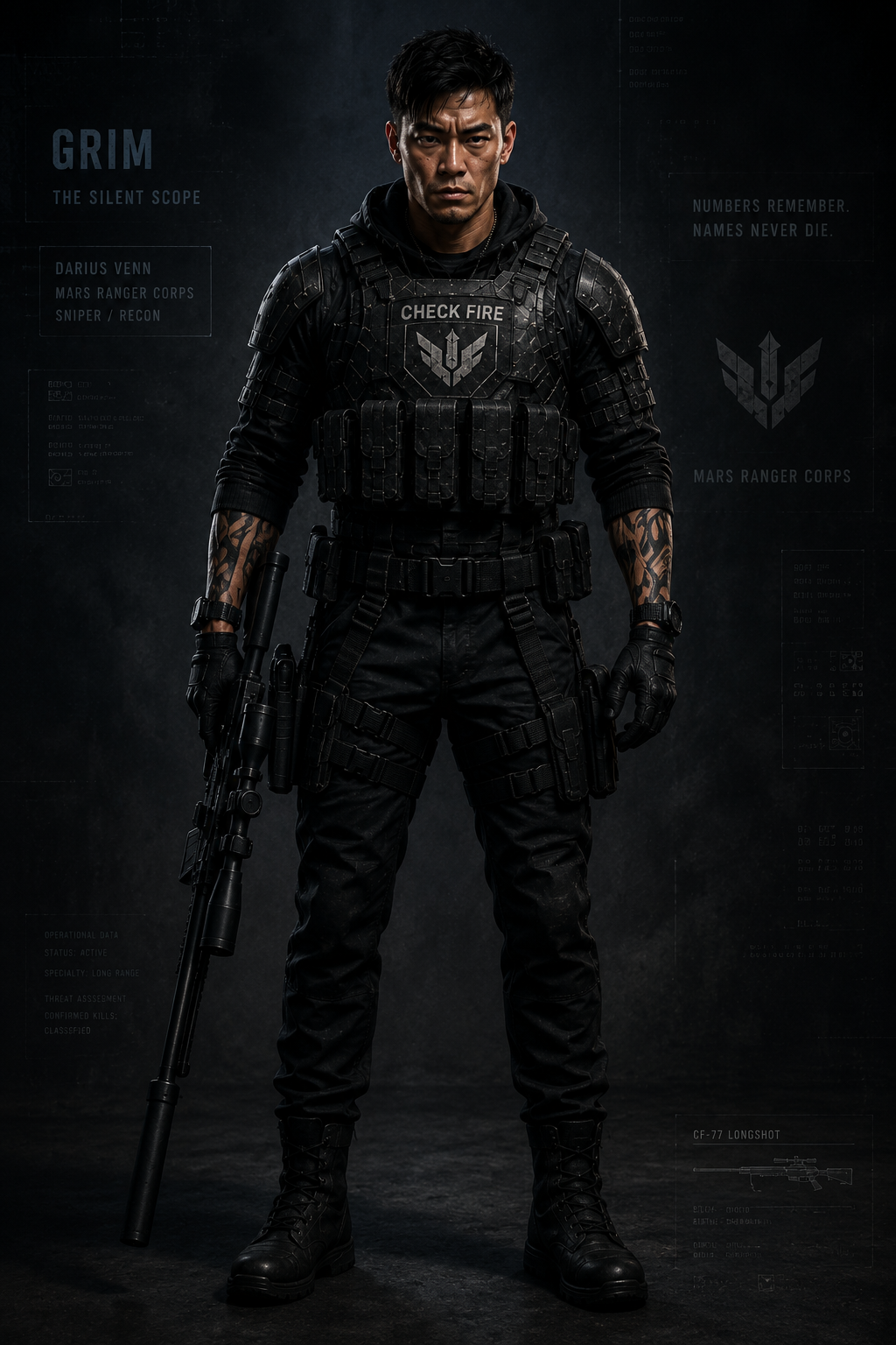 Darius Grim Venn, Mars Ranger Corps sniper and member of Check Fire