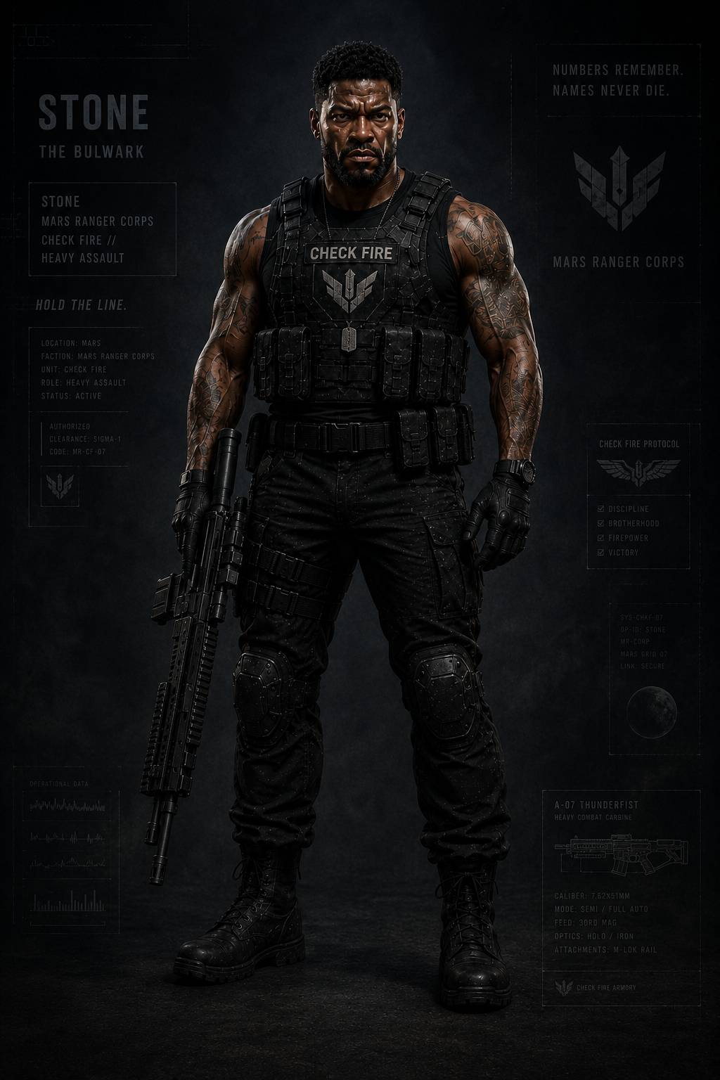 Elias Stone Ward, Mars Ranger Corps heavy assault specialist and member of Check Fire
